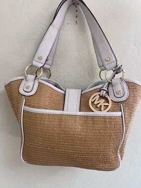 Michael Kors Natural Straw Shoulder Tote with White Trim and Gold MK Charm